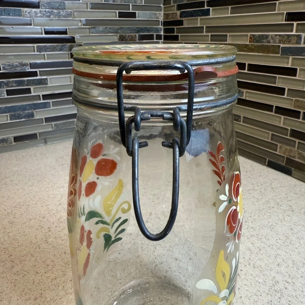 Vintage‎ 1982 Luppino Hand Painted Floral Glass Canister 1.5L Wire Bale Jar
